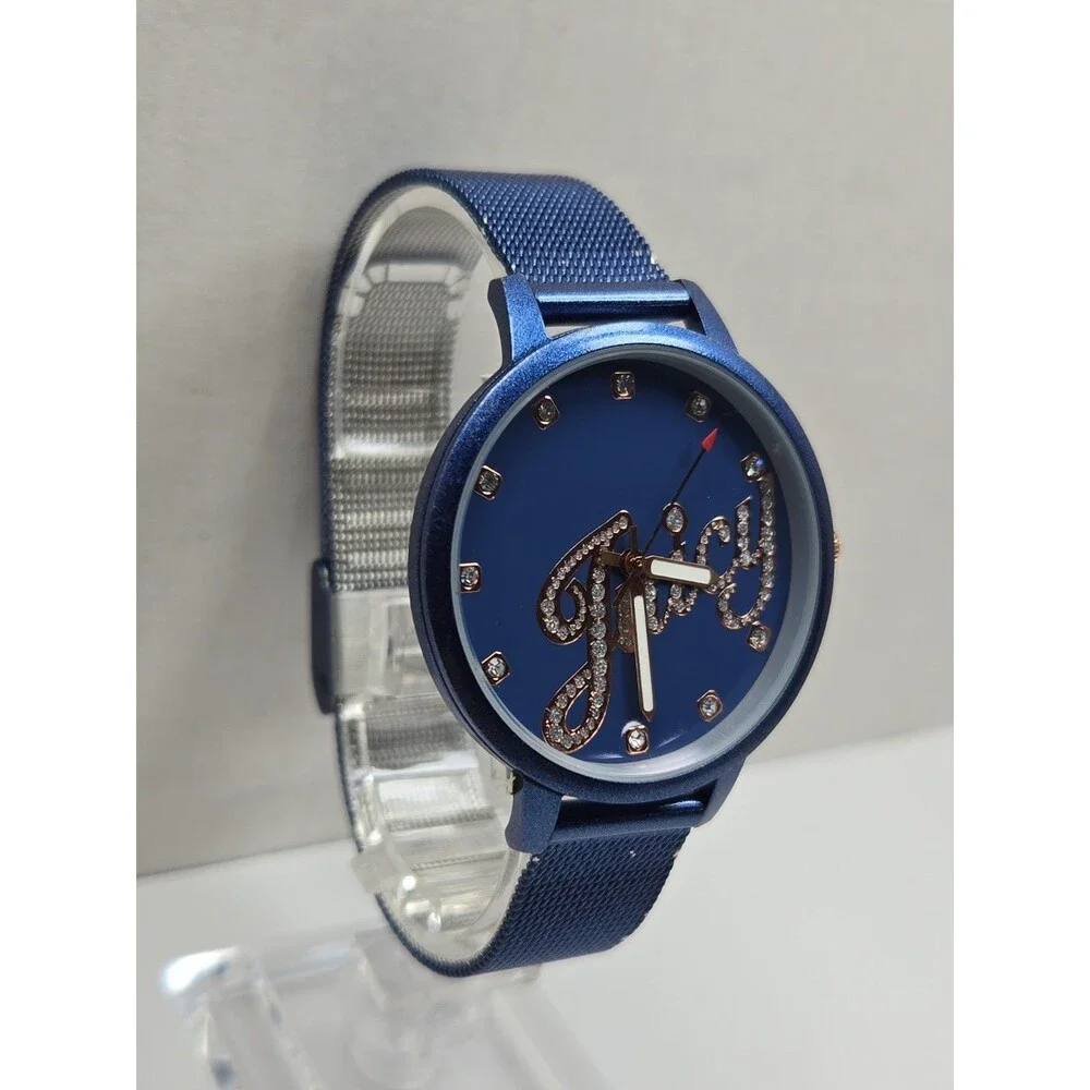 Juicy Couture Black Label Womens Blue Rose Gold Crystal Mesh Watch New Battery